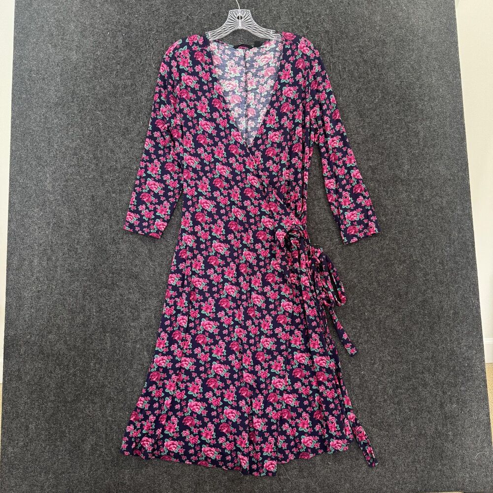 Betabrand Venus Dress Women's Medium Floral Wrap Midi Jersey 3/4 Sleeve Dogs